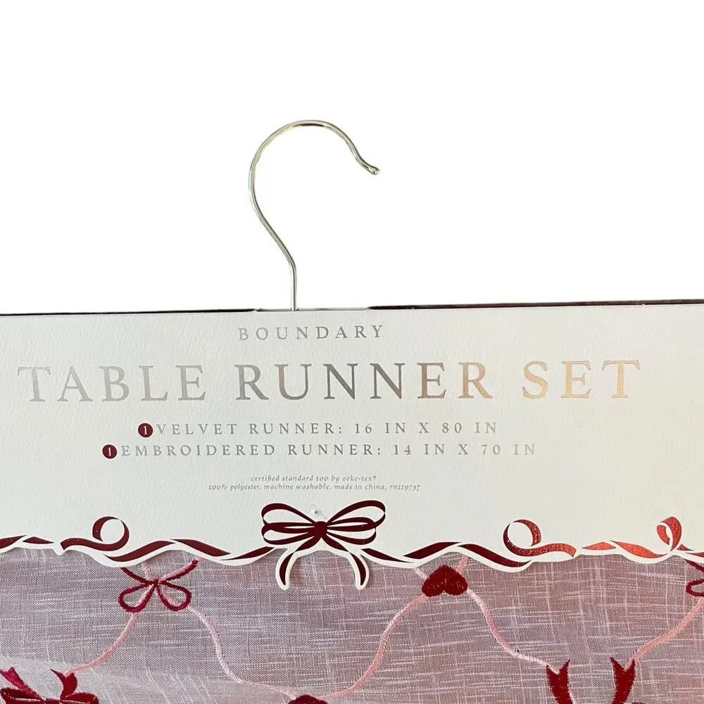 2pc Velvet Valentines Day Table Runner Bows Hearts Red & White by Envogue New